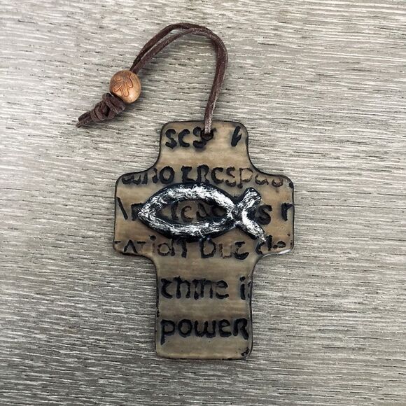 Ichthus Christian Glass Cross Hanging Decor Ornament - Picture 1 of 2